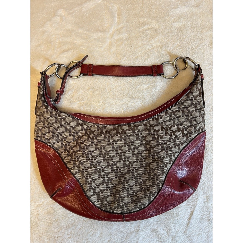 Y2K Red F Leather Trim Hobo Bag Brown Pattern Shoulder Purse Chunky silver ring